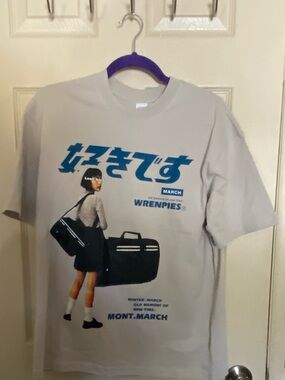 WrEnPies March Graphic T-Shirt - Light Gray with Blue Print